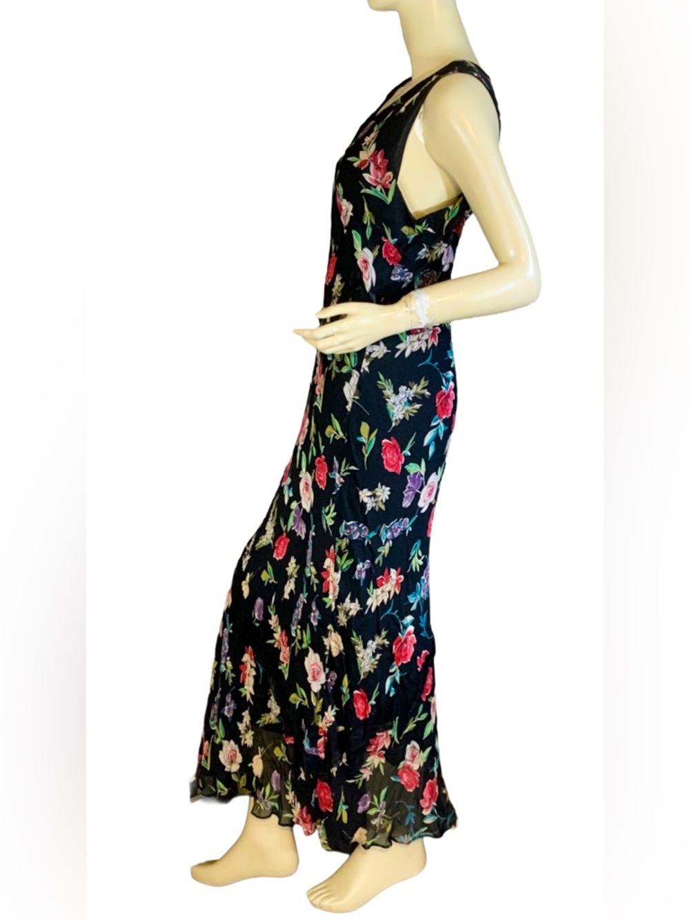 VINTAGE Y2K BLACK MULTI-COLOR FLORAL PRINT W/LACE RUFFLE CHIFFON SILK DRESS (L) - Picture 3 of 12